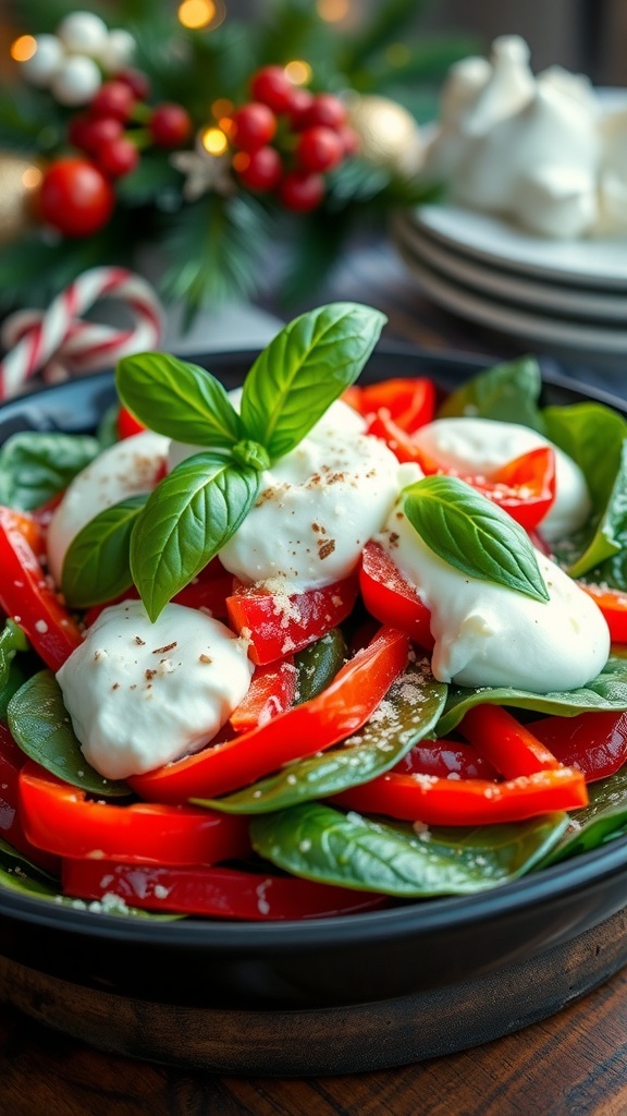 A colorful Christmas salad with spinach, roasted red peppers, ricotta, and basil on a festive table.